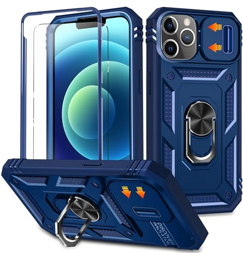 YmhxcY for iphone 12 Pro Max Case with Camera Cover Slider,Screen Protectors,Build in 360°Rotating Ring Kickstand, Military Grade Protective Case for iphone 12 Pro Max 6.7-Blue