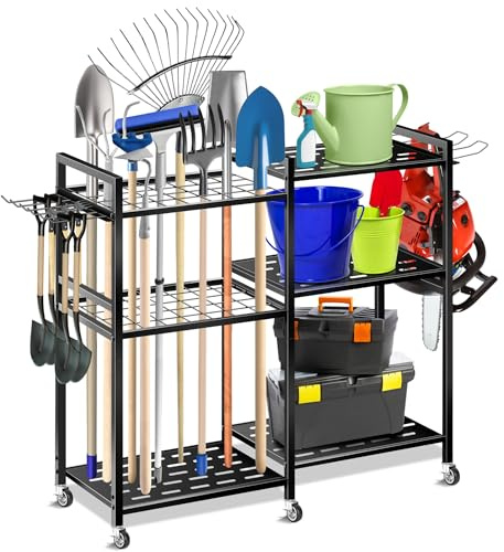 Mimoke Étagère à outils de jardin en métal - Étagère de rangement robuste avec 6 roulettes - Support à outils stable pour jardin, garage, cave et atelier - Étagère de rangement robuste pour outils de