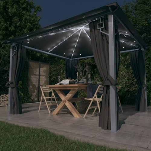 Générique Tonnelle avec Rideau et lumières LED 3x3 m Anthracite Aluminium,Structures extérieures, Auvents & abris,3070333