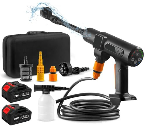 3500W Hidrolimpiadora de Alta Presión, Hidrolimpiadora Portatil MAX 200 Bar con 2 Baterías, 6 en 1 Boquilla Multiusos y 180° Boquilla Giratoria, Lavadora Inalámbrica para Coche, Jardín, Riego (Negro)