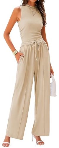 Rayson Tuta Donna Casual 2 Pezzi Estate Completo Canotta Senza Maniche e Vita Alta a Gamba Larga Pantaloni Lunghi Tasche con Coulisse Tinta Unita(Beige,L)