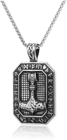 PiercingJak Thors Hammer Halskette Herren Dog Tag Kette mit Wikinger Runen | Mjölnir Anhänger, Edelstahl Kette, Wasserfest, Antiker Silberoptik, Nordischer Talisman Amulett für Männer, Geschenk für Mann