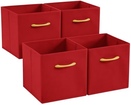 Hibtn Set of 4 Foldable Storage Box, Fabric with Handles Storage Cubes And Cloth Storage Organizer Drawer For Closet And Toys Storage,30 x 30 x 30 cm, Red