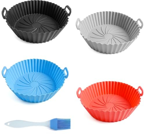 4 Pièces 16.5 cm Moule Silicone Air Fryer, Panier Bac Silicone Air Fryer | avec Pinceau en Silicone, Réutilisable Universel Rond Plat Moule Gateau pour Friteuse à Air Chaud, Four à Micro-Ondes