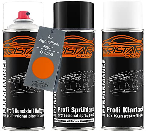 TRISTARcolor Peinture voiture Kit bombes de peinture pour plastique pour Agricultural/Agrar O 2255 Kubota Orange primaire d'adhérence peinture de base vernis clair avec plastifiant