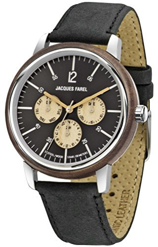 Jacques FAREL Hayfield Nachhaltige Damen und Herren Holz-Armbanduhr Walnuss Öko-Leder Schwarz Multifunktion Analog Quarz Stahl-Gehäuse 5 Bar ORM 2002