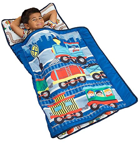 Everyday Kids Choo Choo Schlafmatte für Kleinkinder, mit abnehmbarem Kissen, Tragegriff mit Befestigungsriemen, Roll-Design, weiche Mikrofaser für Vorschule, Tagespflege, Schlafsack, Alter 2–6 Jahre