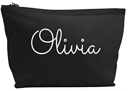 Treat Me Suite Personalised Name Make up Accessory Wash Bag in Black or Natural Colour. Metallic or Glitter Print Presents Birthdays (Black Colour Bag, Metallic Champagne Silver)