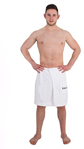 Julie Julsen Paréo de sauna pour homme, 50 x 150 cm, comporte une poche, avec velcro et élastiques, 100 % coton, blanc