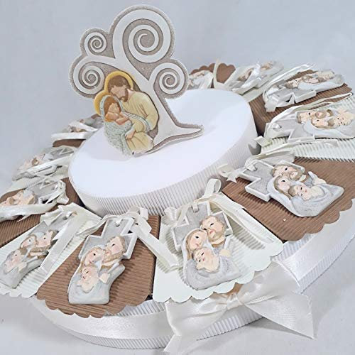Torta bomboniera da 12 fette con croci glitterate Sacra Famiglia + centrale albero della vita a tema confetti inclusi