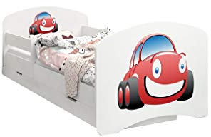 Happy Babies - Doppelseitiges Kinderbett MIT SCHUBLADE Modernes Design mit sicheren Kanten und Absturzsicherung Schaumstoffmatratze 7 cm. (160x80, 11. Auto)