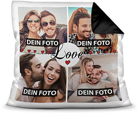 PR Print Royal Kissen mit Füllung - Fotocollage selbst gestalten mit Spruch - Love - mit Vier eigenen Fotos - Geschenkidee Fotokissen - Farbkissen Rückseite Schwarz