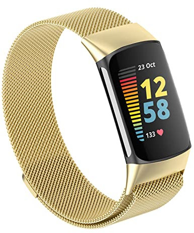Bracelets en maille compatibles avec Fitbit Charge 5/Charge 6, bracelets de rechange réglables en acier inoxydable pour traqueur d'activité Charge 6/Charge 5, pour homme et femme, doré, taille S