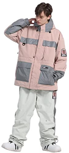 YAMIA1115 Winter Ski Suit Men's and Women's Suits Windproof Warmth Thick Waterproof Double Plate Reflective Jacket Snow Pants,Pink,L(high175CM)