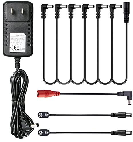 9V DC 1A Gitarrenpedal Netzteil Adapter mit 6 Daisy Chain Kabel für Gitarren-Effektpedale, 2 Batterieclip-Kabel, 1 umgekehrte Polaritätskabel
