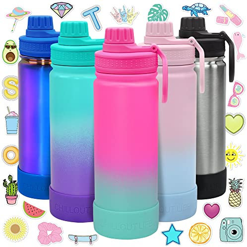 CHILLOUT LIFE 17 oz Kids Insulated Water Bottle for School with Leakproof Spout Lid and Cute Waterproof Stickers, Personalized Stainless Steel Thermos Flask Metal Water Bottle for Girls & Boys