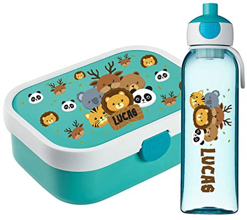 Lunchbox Set für Kinder Jungen zur Schule Personalisiert mit Namen Brotdose Wasserflasche Trinkflasche BPA frei Essen für Unterwegs mit Gabel und Bento Fach To Go Animals [153]