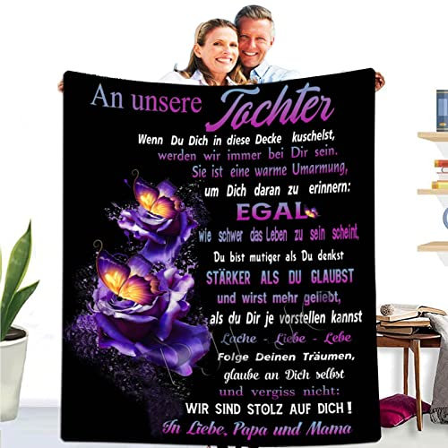 PJLJC Personalisierte Flanelldecke An unsere Tochter von Eltern, Deutsche Papa und Mama für Tochter Briefdecke Positiv Ermutigen Flauschige Geburtstag Weihnachts Geschenk Wohndecke