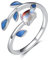Qings Mondstein Blatt Ring 925 Sterling Silber Verstellbar Offen Oval Regenbogen Moonstone Blau Emaille Daumenringe für Mädchen Frau Freundin Mutter