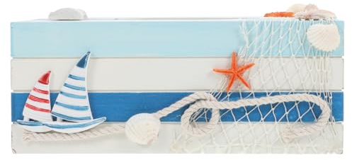 Mediterranean Wooden Tissue Box Holder - Nautical Decorative Storage Box with Striped Lighthouse Sailboat Design for Home Desktop