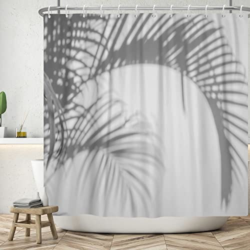 Bovlleetd 180x200cm Grau Duschvorhang Palm Leaf Tree Shadow Badezimmer Vorhang Grau Pflanze Duschvorhänge Wasserdicht Badewanne Vorhang Badezimmer Art Deco Vorhang mit Haken