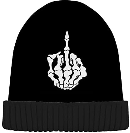 Mittelfinger Skelett Herren Neuheit Beanie Mütze Totenkopf Damen Winter Strickmütze Schwarz, Schwarz , 62