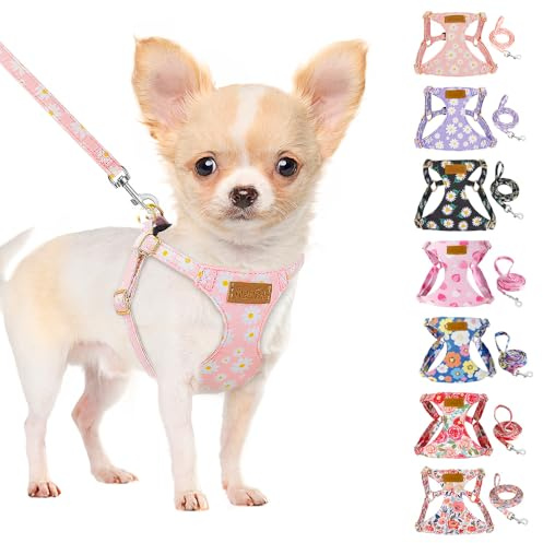 SlowTon Hundegeschirr mit Leine, No-Pull leichtes weiches Wildleder-Welpengeschirr mit Blumenmuster und Schnappschnalle, verstellbares Geschirr Hund für kleine und mittelgroße Hunde