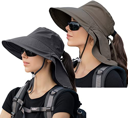 2 Stück Sonnenhut Damen mit Nackenschutz-UV Schutz Breite Krempe Pferdeschwanz Sommerhut -UPF 50 Einstellbare Strand Fischerhut Anglerhut Garten Outdoor Hut (2 Stück-Dunkelgrau & Armeegrün)