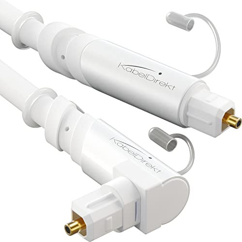 KabelDirekt – Cable TOSLINK acodado 90°, óptico audio digital con 0% de pérdida de señal – 2m – Cable fibra óptica blanco (S/PDIF, sistema estéreo/barra sonido/XBO/PS4)