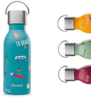 QWETCH - Gourde Enfant Isotherme 350ml - Kids Honolulu Bleu (Bouchon classique) - Gourde Inox - 24h Froid et 12h Chaud - Etanche & Sans BPA - Gourde du quotidien pour école, sport et sorties