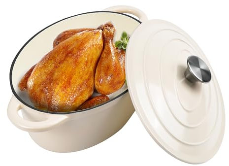 Kerilyn Cocotte ovale en fonte émaillée de 4,5 l avec couvercle et deux poignées, cocotte en fonte pour la cuisine, la cuisson du pain, batterie de cuisine avec revêtement émaillé anti-adhésif (beige)
