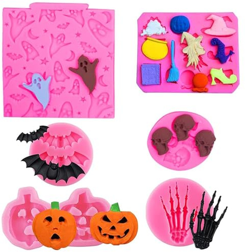 6Pcs Halloween Kuchenformen,Silikon Backformen Schädel Kuchen Silikon Fondantform Kuchen Formen Seifenformen Fledermaus,Kürbis,Skelett,Spinne,Geist Handformen Halloween Silikonform Für Halloween Party