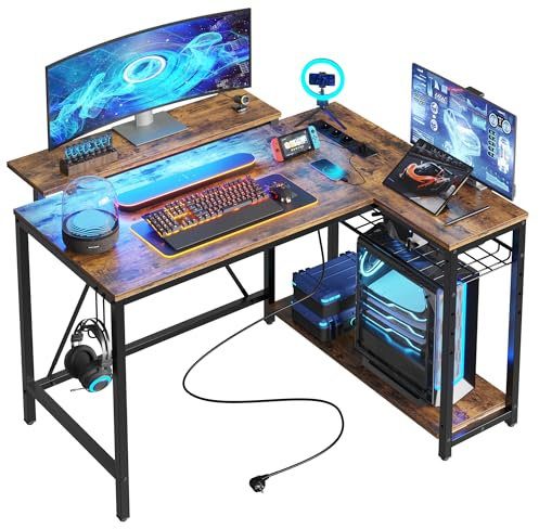 Bestier Scrivania a Forma di L con Prese di Corrente e Luci a LED Scrivania ad Angolo con Ripiani Scrivania per Computer Reversibile con Ganci per Casa Ufficio Camera da Letto Piccolo Spazio 106,5 cm
