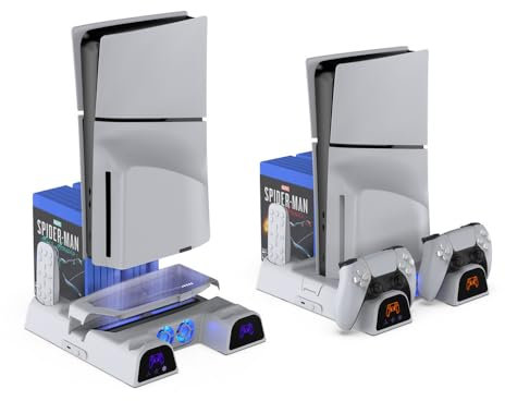 Ventilador de refrigeración y estación de carga de doble mando para PS5 Slim, base de carga de mandos de juego y estante de almacenamiento de discos