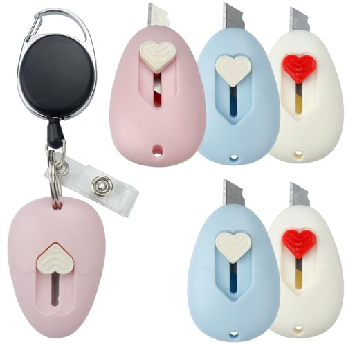 YGNNBC Lot de 6 mini ouvre-lettres - Mini enrouleur de film rétractable - Mini lame rétractable - Mini ouvre-boîte de sécurité avec porte-clés suspendu, facile à accrocher et à transporter