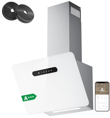 CIARRA CBCW6736K Angled Cooker Hood 60cm Wi-Fi App Touch Control with CBCF003 Carbon Filters Chimney Vent Hood with LED Lights Ducting&Recirculating Kitchen Extractor Fan
