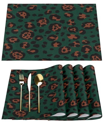 Leopard Print Animal Placemats Fabric Table Mats Set of 4 Leopard Placemat for Kitchen Dining Table Home Washable Non-Slip Heat Place Mat