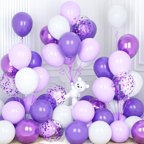 Ousuga Palloncini Viola Bianchi, 30 Pezzi 12 Pollici Palloncini Pastello Lilla Metallizzato Lavanda Coriandoli Palloncini Lattice per Compleanno Matrimonio Anniversario Baby Shower Feste Decorazioni