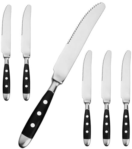Alata Steakmesser Set 6 Stück,Küchen Steakbesteck Messer set,Scharfe Pizzamesser, Schwarzen Griffen,Edelstahl poliert,Wellenschliff,für Haushalte das Esszimmer, Serie Berlin