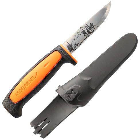 WPW Jagdmesser mit Berglandschaft Gravur, orange/schwarz, 91 mm Carbonstahlklinge, inkl. Kunststoffscheide