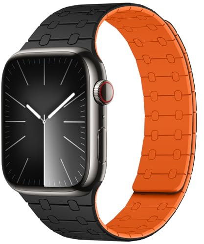 Amizee Compatibile con Cinturino Apple Watch 49mm 46mm 45mm 44mm 42mm 41mm 40mm 38mm, Cinturino Silicone Magnetiche per iWatch Ultra 2 Series 10 9 8 7 6 SE 5 4 3 2 1 (38/40/41/42, Nero Arancione)