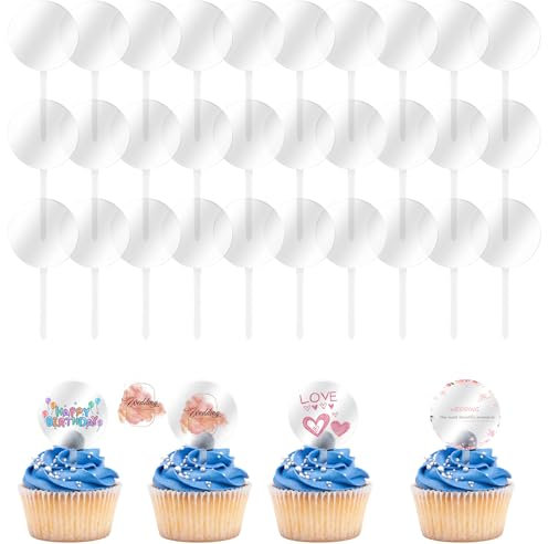 50 Stück Cupcake Toppers zum Beschriften Tortenaufleger Acryl Kuchen Cake Topper Blanko DIY Rund Torten Leer Kreis Dekoration Können für Geburtstag Weihnachten Babyparty Hochzeitstorte als Dekoration