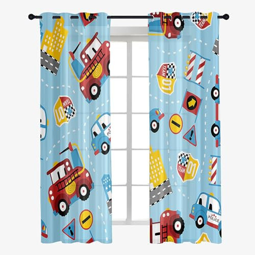 Odot Transparent Gardinen mit Ösen Schlaufen, Kinder Drucken Vorhänge Voile Sheer Vorhang Dekoschal Fensterschal Ösenvorhang für Wohnzimmer Fenster 2er Set (80x115cm,Autos)