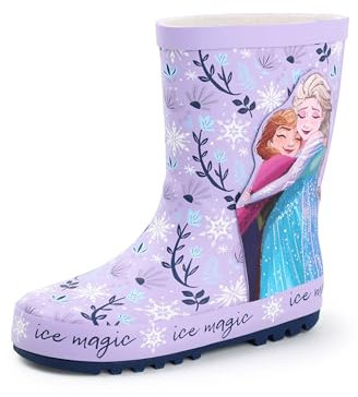 Disney Frozen Stivali di Gomma per Ragazze | Stivaletti per Bambini con Personaggi Elsa & Anna in Viola | Stivali di Gomma Resistenti all'Acqua con Stampa di Fiocchi di Neve e Fiori per Bambini