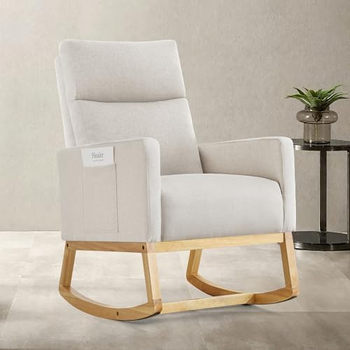 Aunekiv Schaukelstuhl Stillsessel Schaukelsessel, Gepolsterter Stillstuhl mit Holzbeinen & Seitentaschen, Hochlehner Stillen Sessel für Wohnzimmer, Schlafzimmer, Babyzimmer