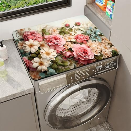 Highdi Tappetino Antiscivolo Lavabile, Stampa Pastorale retrò Copri Lavatrice Coperchio Antipolver per Lavatrice Asciugatrice Tappetino Antiscivolo per Copertura Protezione (Rosa,60x60cm)