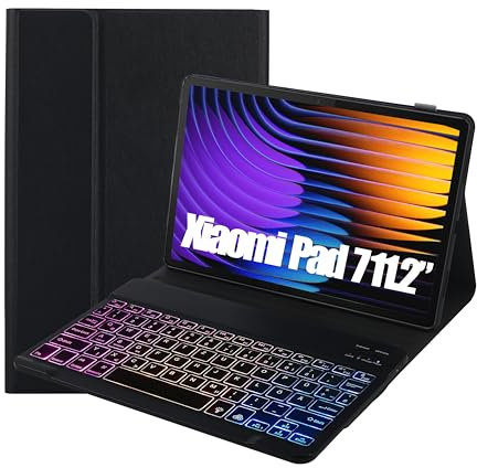 SUEEWE Tastatur Hülle für Xiaomi Pad 7/7 Pro 11,2 Zoll 2024, TPU Rückseite Hülle mit 3 Bereich 7 Farbe Beleuchtete Abnehmbarer QWERTZ Tastatur, Schwarz