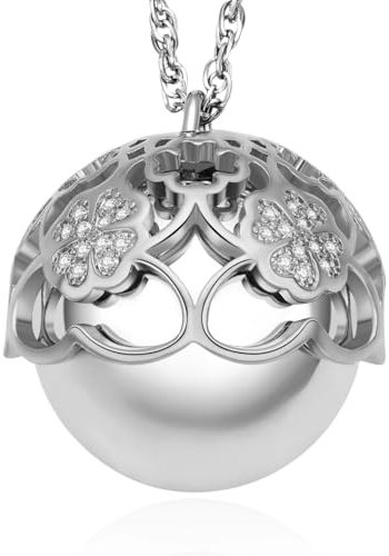 Dada Gioielli - Collier Bola de Grossesse – Pendentif Protecteur pour Future Maman & Bébé – Cadeau Prénatal Scintillant. (Argent trèfle)