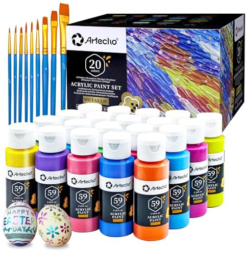 Artecho Metallic Acrylic Paints Set 20 Colors 2 Ounce/59ml with 10 Art Brushs, Non Toxic, Acrylic Paint Kit for Canvas, Crafts, Glass, Clay, Wood, Fabric, Leather&Rock