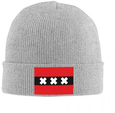 Unisex-Strickmütze – Modische Thermo-Mütze mit Amsterdam-Flagge, Weiche Skullies-Mütze, Solide Crimp-Uhrenmütze, Wintermütze, Totenkopfkappe für Damen und Herren, Grau, Einheitsgröße